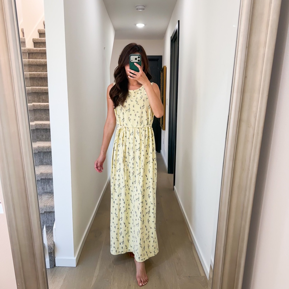 90s Y2K 100% Cotton Floral Boho Cottagecore Coquette Yellow Maxi Dress Summer M